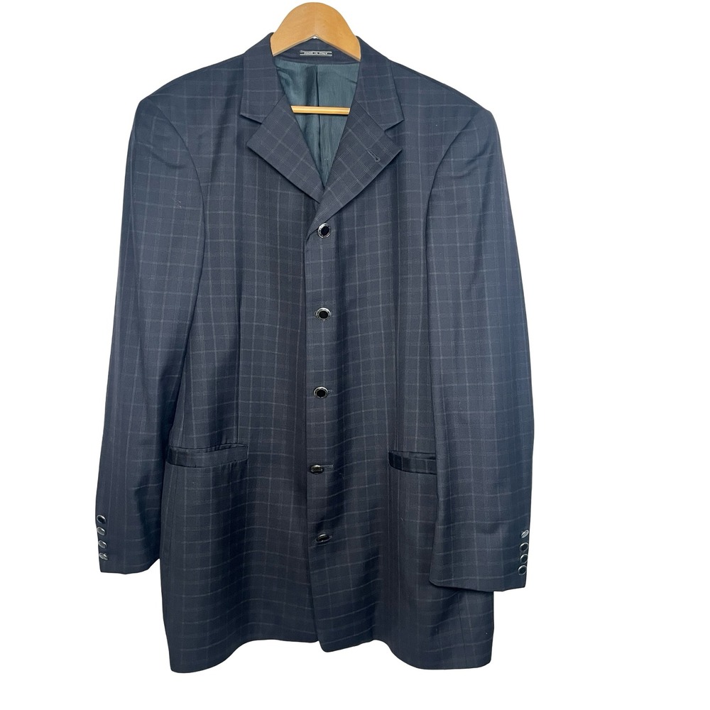 Zanetti Mens Super 120s Wool Suit Jacket Blazer 48L Navy Blue Windowpane Italy